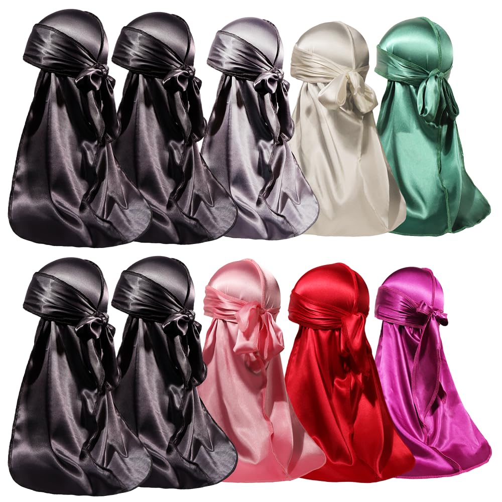 ForceWave 10 Pieces Silky Durags Long Tail for Women Men Satin Durag 360 Wave，Dorag, 10 Pieces