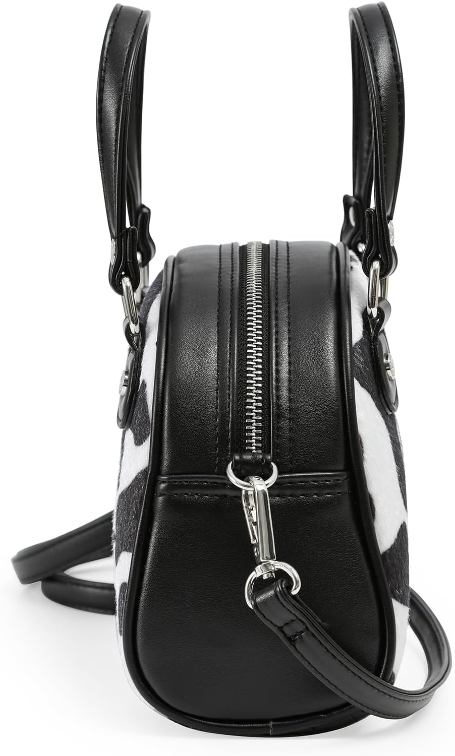 Von Dutch Mini Bowling Bag Cow Print | 6.8” Vegan Leather Crossbody with Logo Hardware, Top Handles & Zipper Pouch