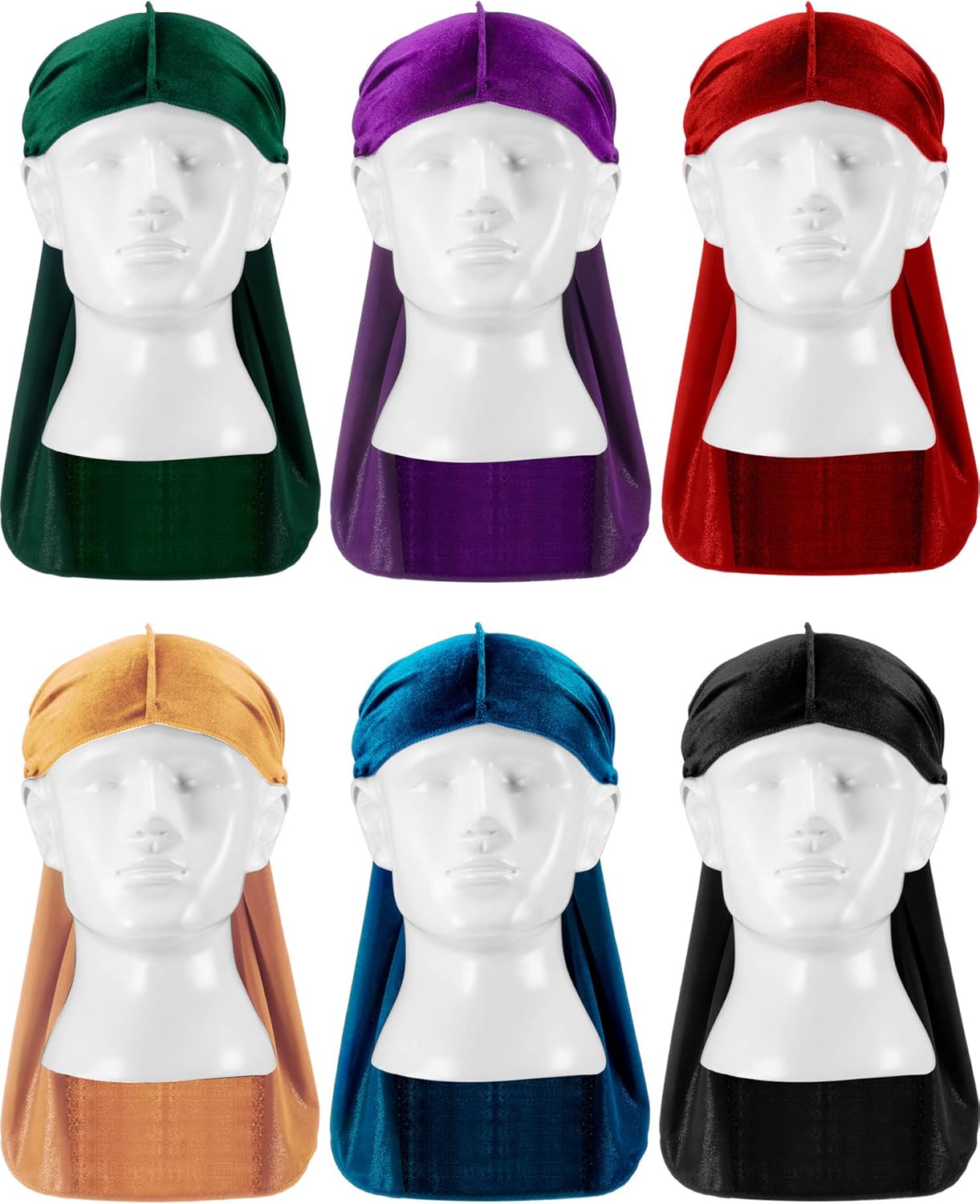 Tatuo 6 Pack Velvet Durag for Men Women, 41 Inch Extra Long Tail, Stretchable Wave Cap for 360/540/720 Waves(Green, Purple, Red, Gold, Blue, Dark)