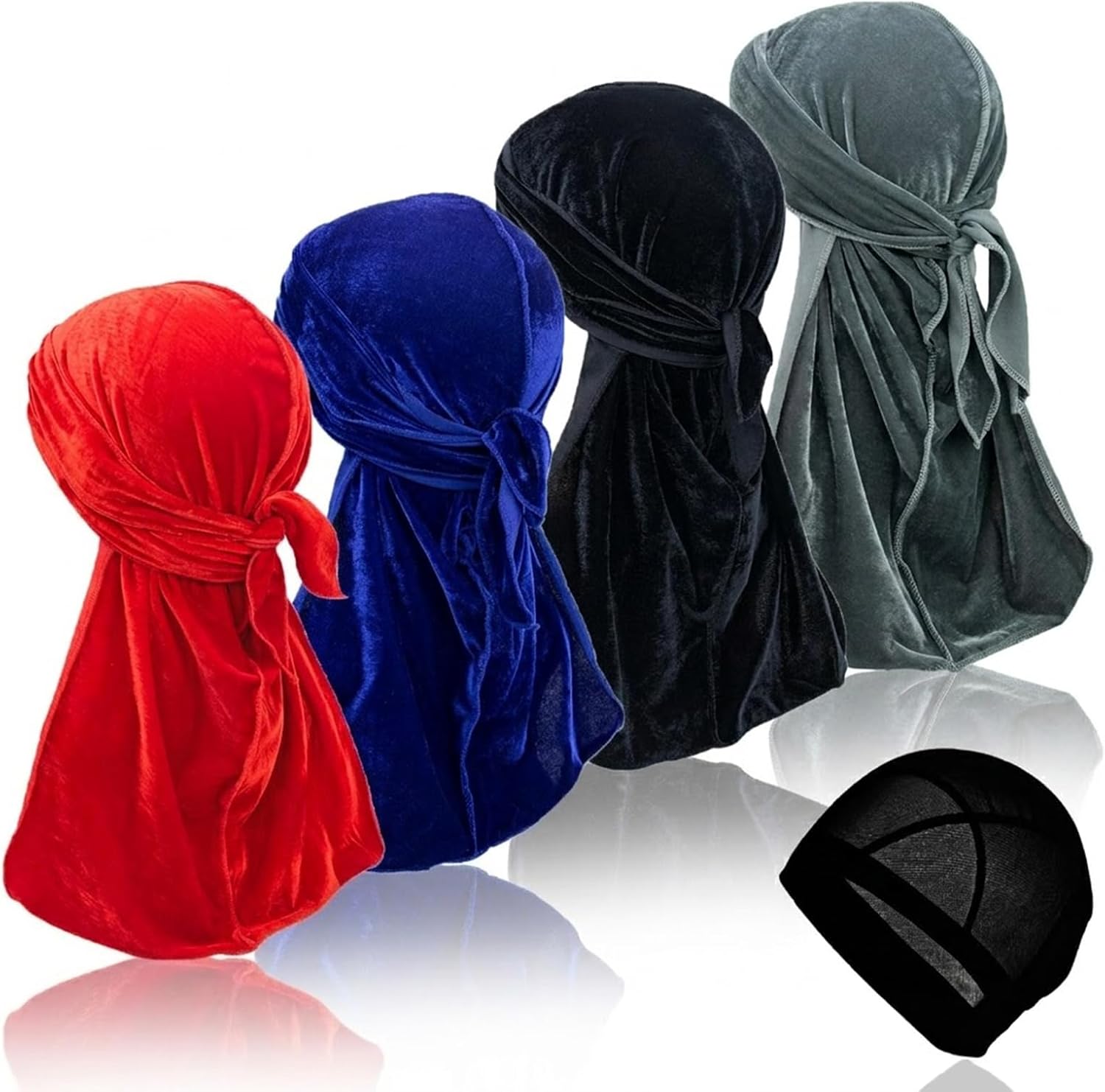 4 Pcs Velvet Durags For Men With 1 Wave Cap Long Tail Velvet For Du Rags Men