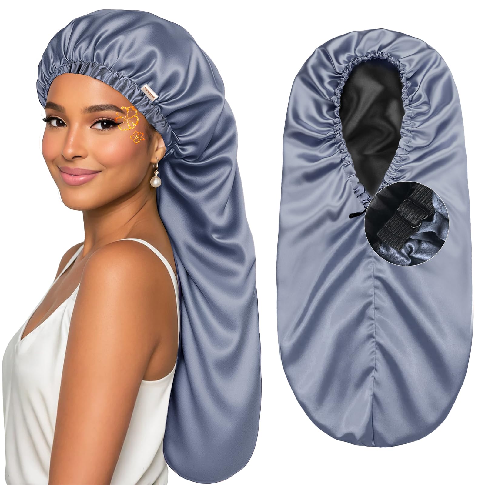 YANIBEST Satin Sleep Bonnet for Natural Hair - Extra Double Layer Long Adjustable Silk Hair Bonnet for Braids, Locs, Curls - Women’s Night Hair Protection Cap
