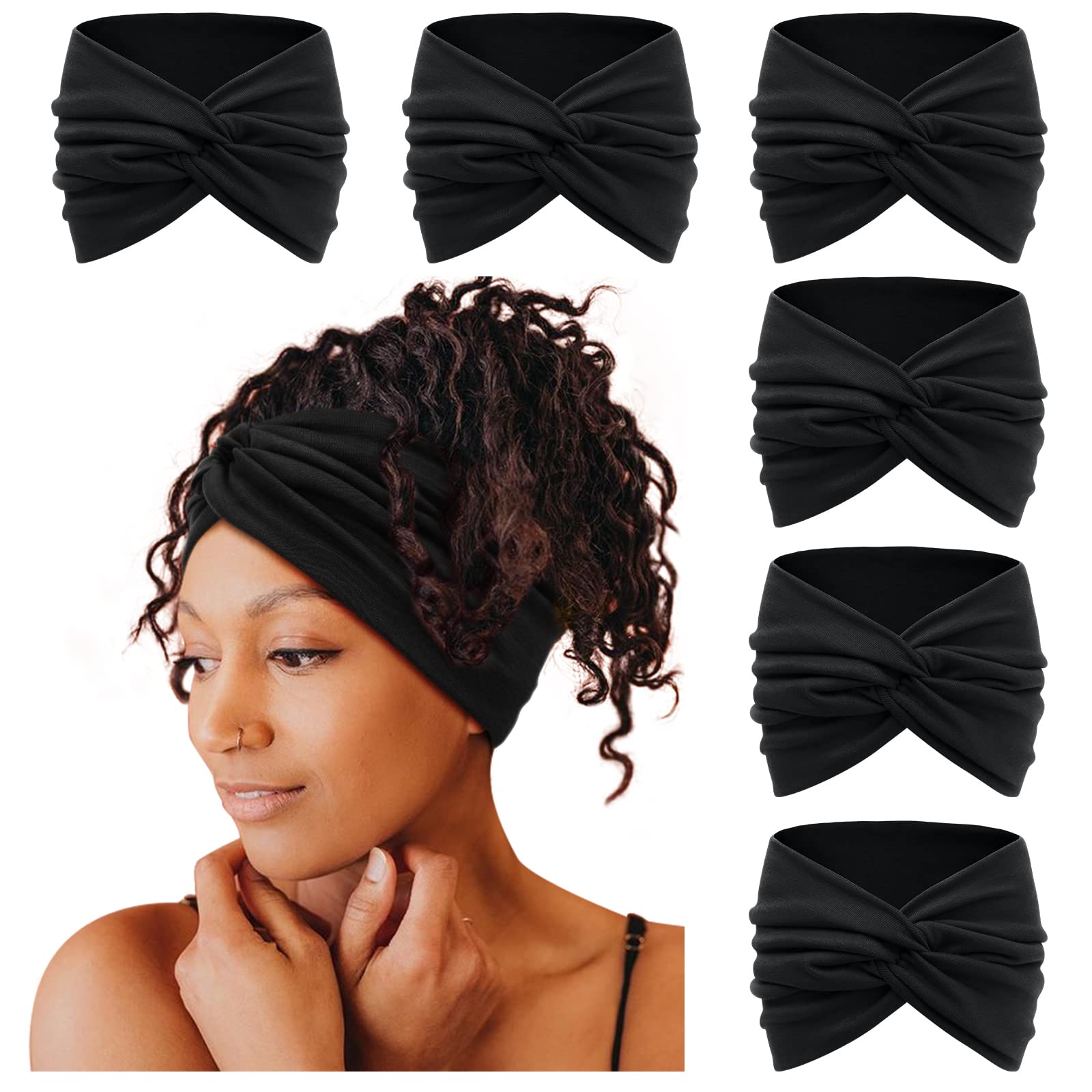 Tobeffect 7'' Extra Wide Headbands for Women, Large Thick Turban Head Wrap Headband, Boho Bandana Head Bands for Women's Hair, Non Slip Workout Yoga Hairband Hair Accessories, 6 Pack