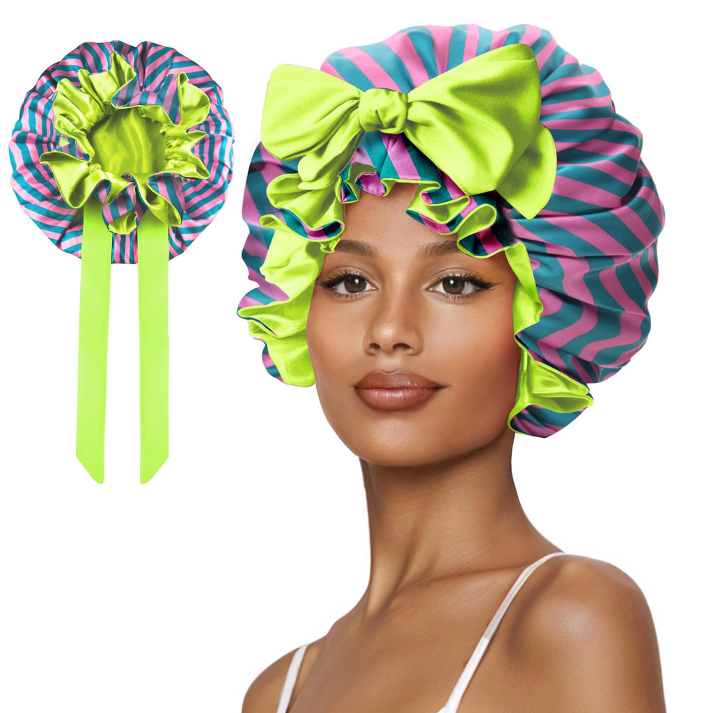 Cute Adjustable Silk Bonnet for Sleeping Double Layer Satin Cap Hair Sleep Bonnet for Curly Hair Cherry Blue