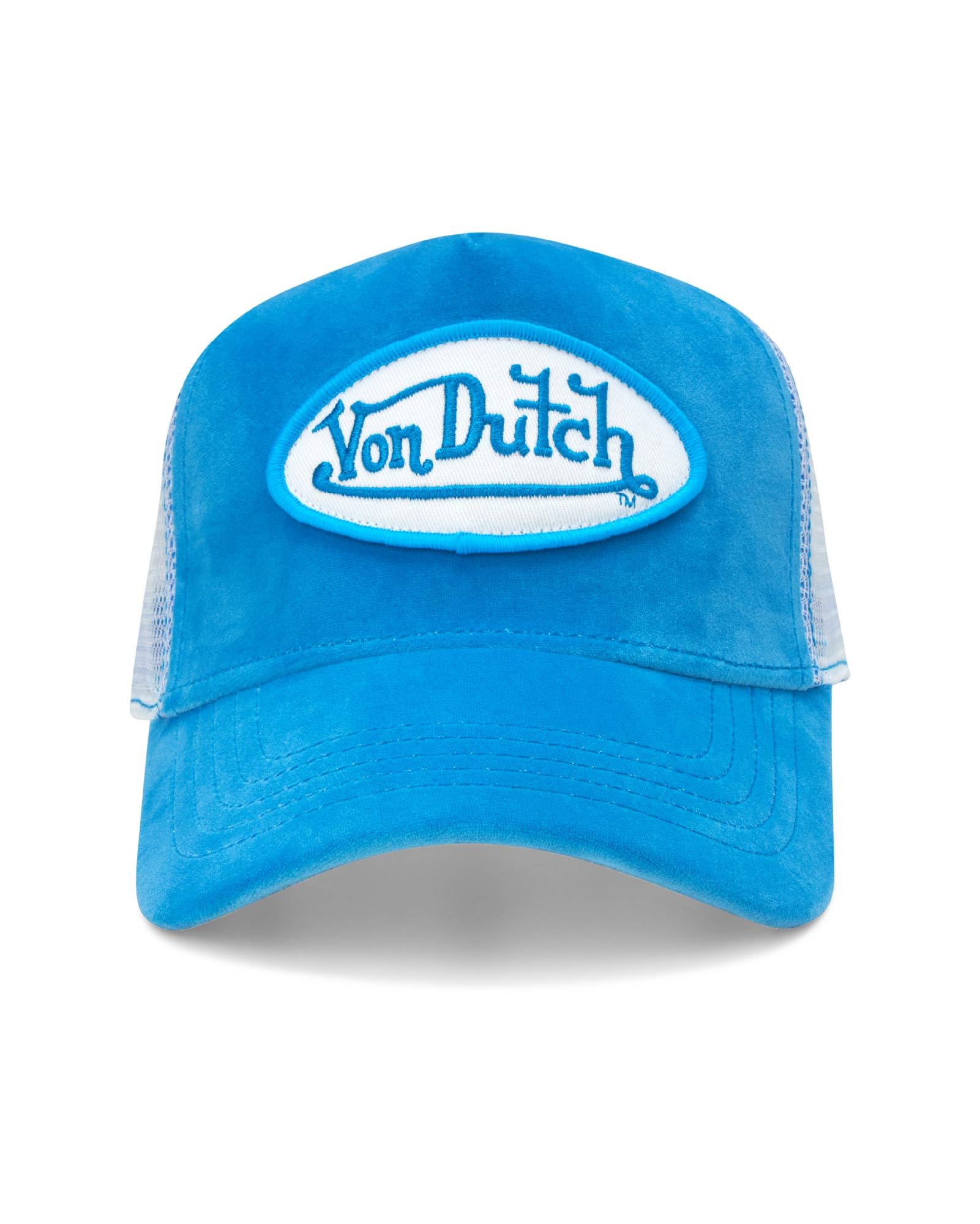Von Dutch Unisex Trucker Hat - Velvet Curved Bill Mesh Back Retro Classic Adjustable Snapback Baseball Cap for Men and Women, Size One Size, Blue
