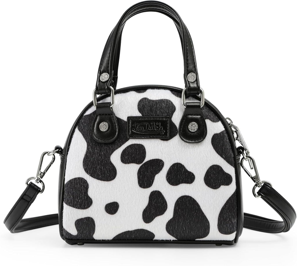 Von Dutch Mini Bowling Bag Cow Print | 6.8” Vegan Leather Crossbody with Logo Hardware, Top Handles & Zipper Pouch