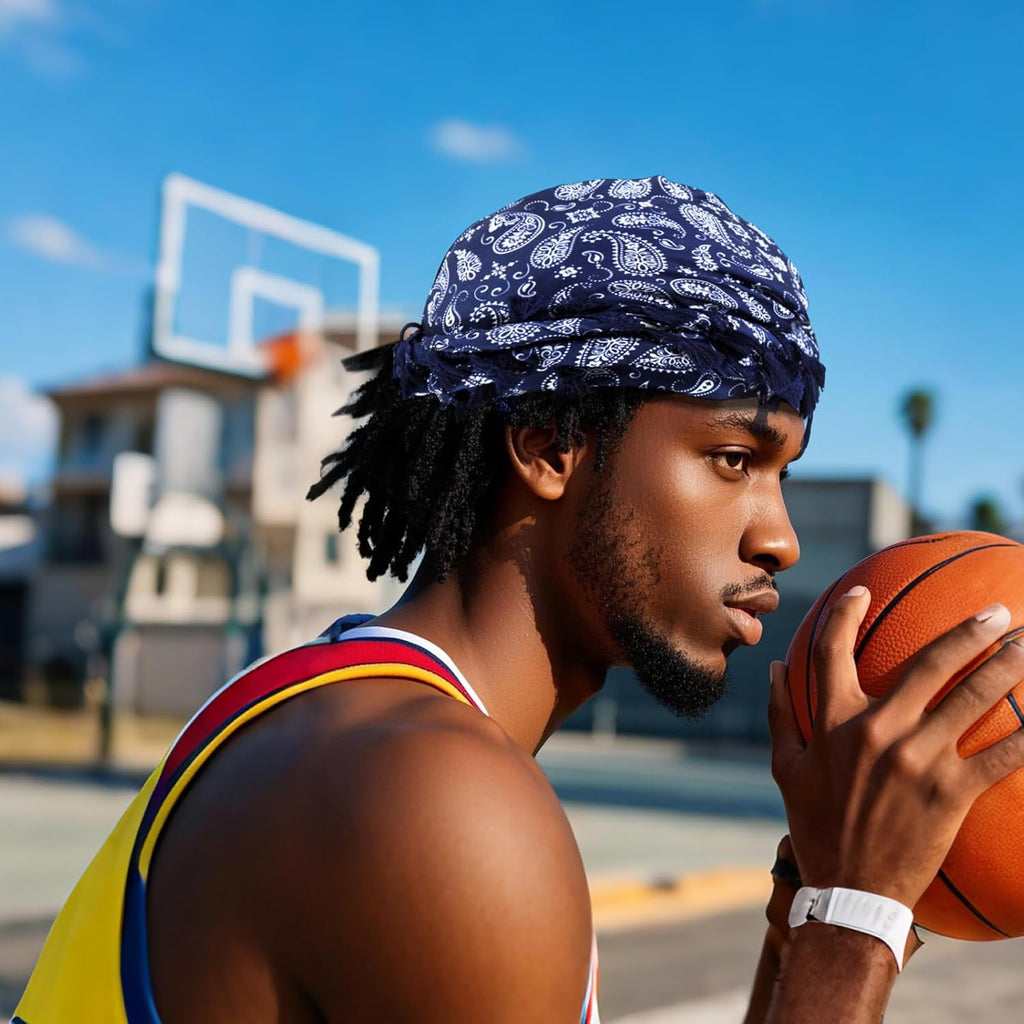 Turban for Men, Paisley Turban Durags with Tassel, Satin Lined Head Wraps, Vintage Pre-Tied Tassels Braid Bonnet Durag