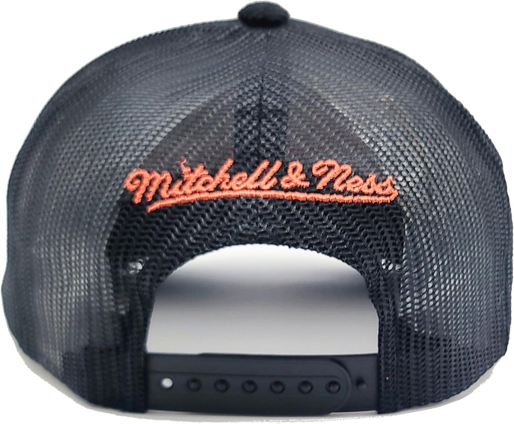 Mitchell & Ness Anaheim Ducks New NHL Retro Script Times Up Trucker Mesh Black Orange Era Snapback Hat Cap