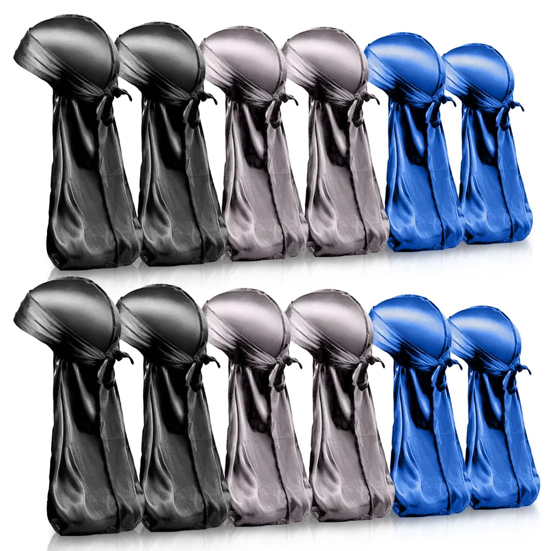 BIGEDDIE 12Pcs Durag Pack, Durags for Men Silky, Silk Durag for Men Women Waves, Satin Du rag with Long Tail and Wide Straps 12 Colors