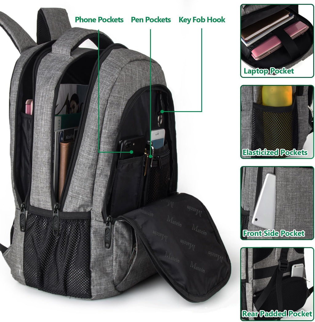 MATEIN Travel Laptop Backpack, Business Anti Theft Slim Sturdy Laptops Backpack Personal Item Bag, Water Resistant College School Computer Bag Gift for Men & Women Fits 15.6 Inch Notebook, Grey
