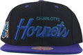Mitchell & Ness Charlotte Hornets Script Pop Snapback Adjustable Hat Cap - Black with Purple Bill