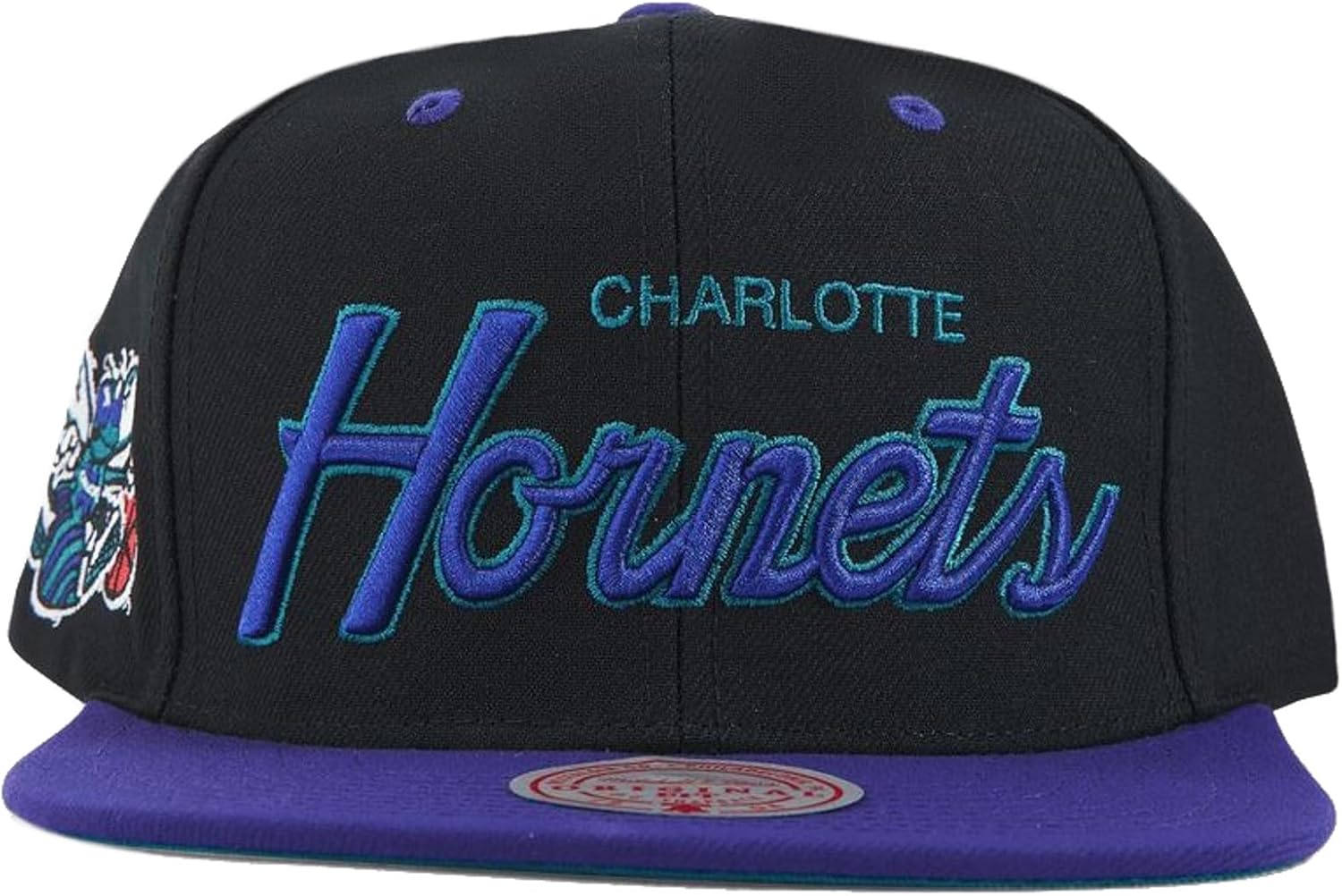 Mitchell & Ness Charlotte Hornets Script Pop Snapback Adjustable Hat Cap - Black with Purple Bill