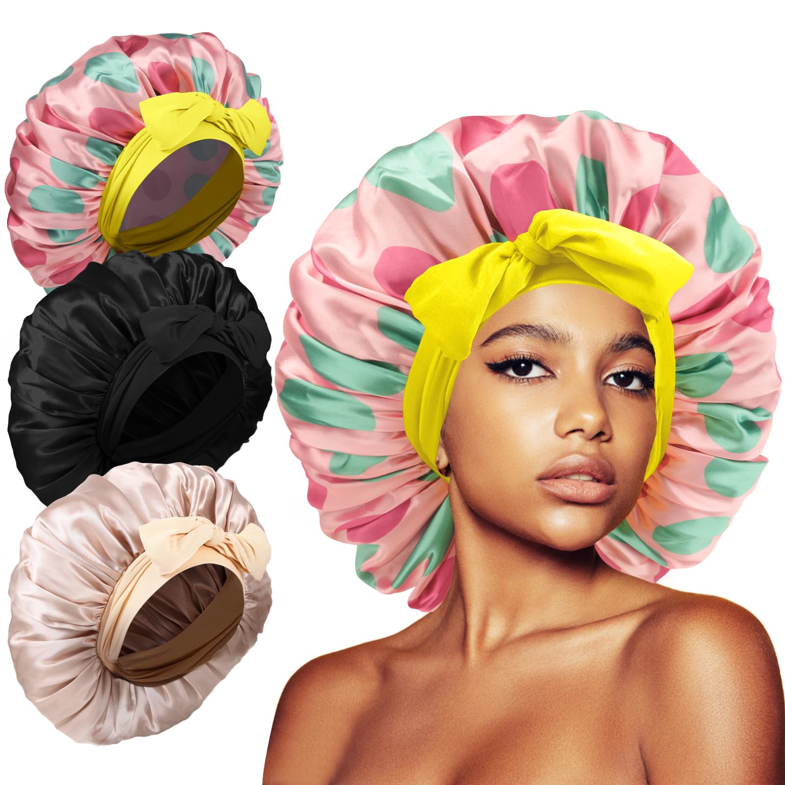 3Pcs Bonnets for Sleeping, Extra Satin Silk Bonnet for Sleeping Women with Tie Band for Curly Hair Jumbo Bonnet Braids