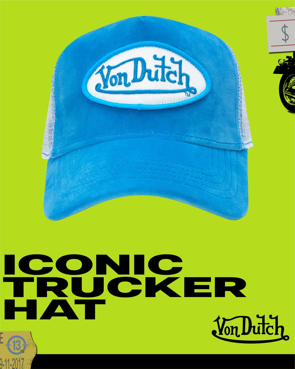 Von Dutch Unisex Trucker Hat - Velvet Curved Bill Mesh Back Retro Classic Adjustable Snapback Baseball Cap for Men and Women, Size One Size, Blue