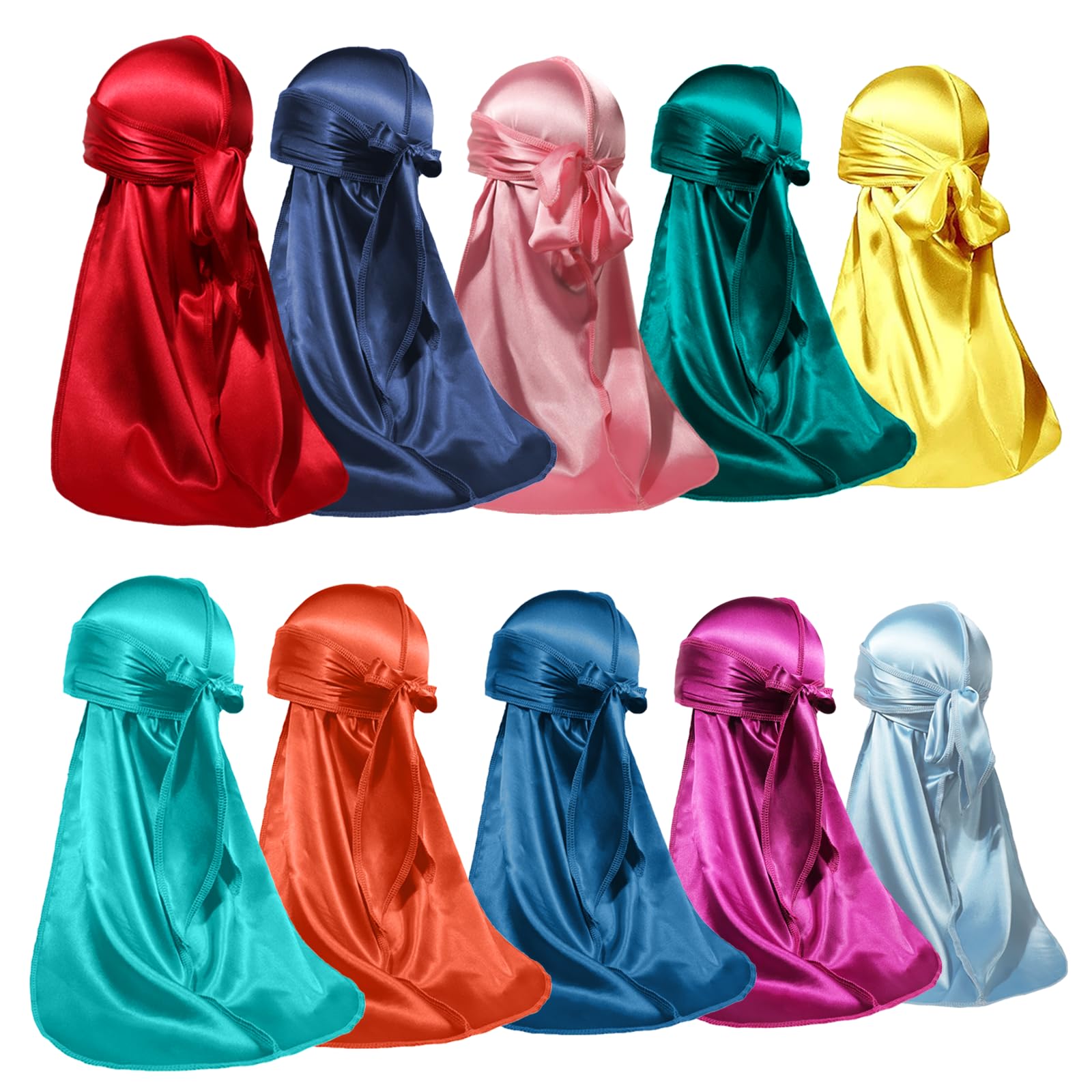 ForceWave 10 Pieces Silky Durags Long Tail for Women Men Satin Durag 360 Wave，Dorag, 10 Pieces