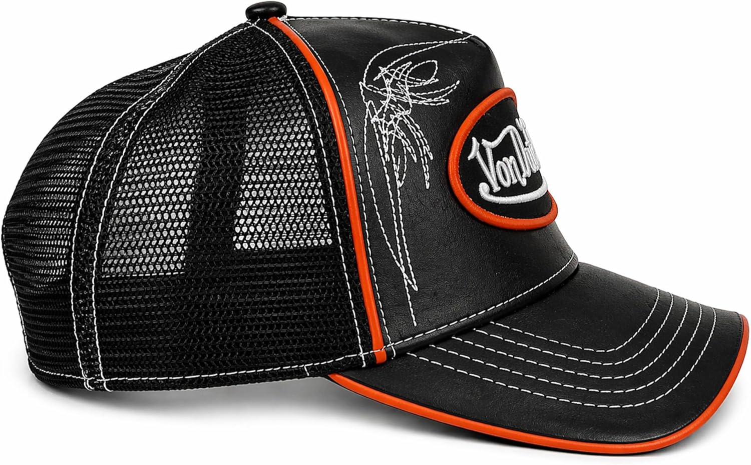 Von Dutch Trucker Hat, Black Faux Leather Front with Mesh Back, Snapback Adjustable Baseball Cap, Midnight Ember