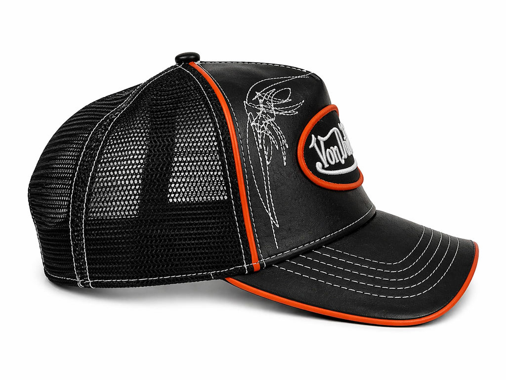 Von Dutch Trucker Hat, Black Faux Leather Front with Mesh Back, Snapback Adjustable Baseball Cap, Midnight Ember