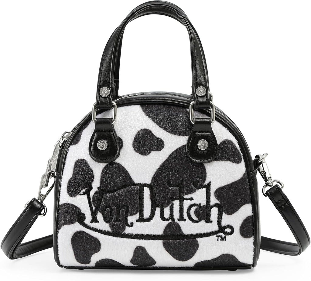 Von Dutch Mini Bowling Bag Cow Print | 6.8” Vegan Leather Crossbody with Logo Hardware, Top Handles & Zipper Pouch