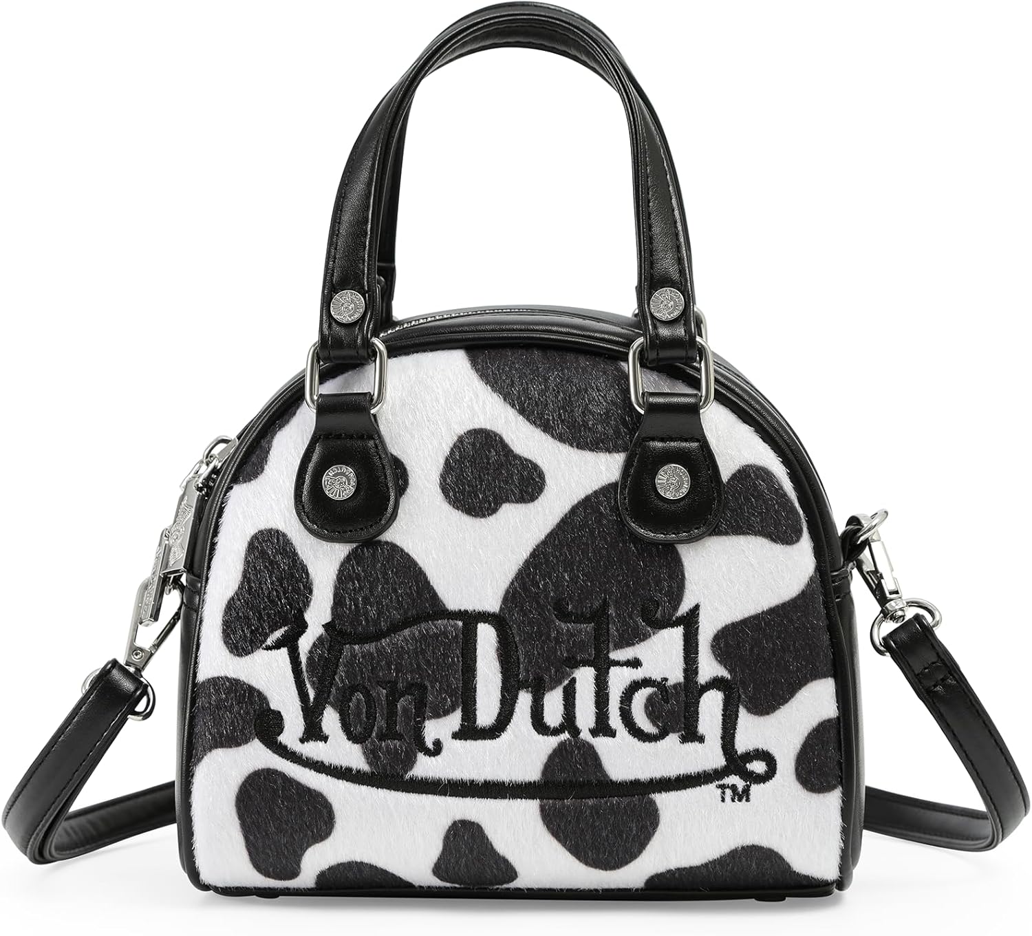 Von Dutch Mini Bowling Bag Cow Print | 6.8” Vegan Leather Crossbody with Logo Hardware, Top Handles & Zipper Pouch