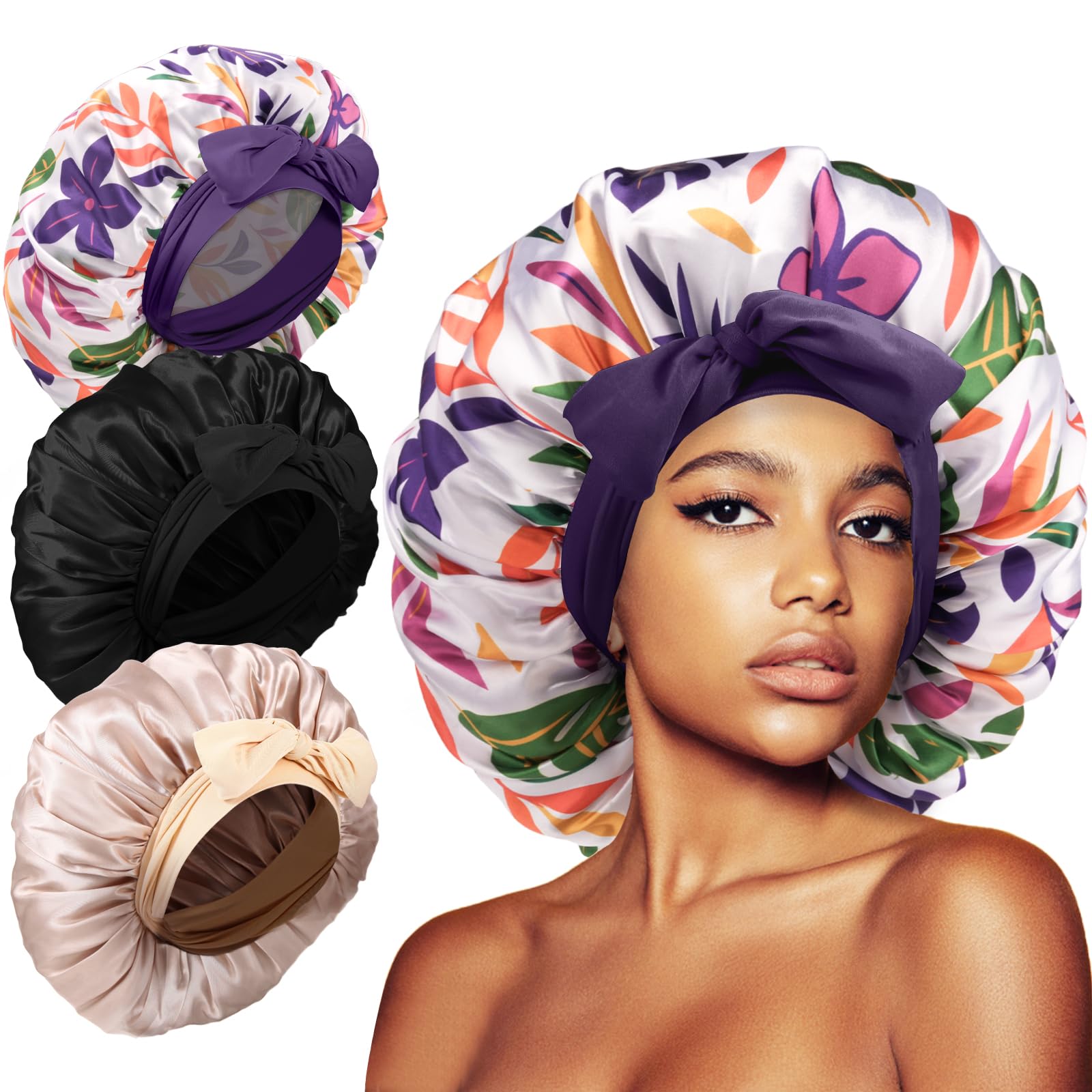 3Pcs Bonnets for Sleeping, Extra Satin Silk Bonnet for Sleeping Women with Tie Band for Curly Hair Jumbo Bonnet Braids