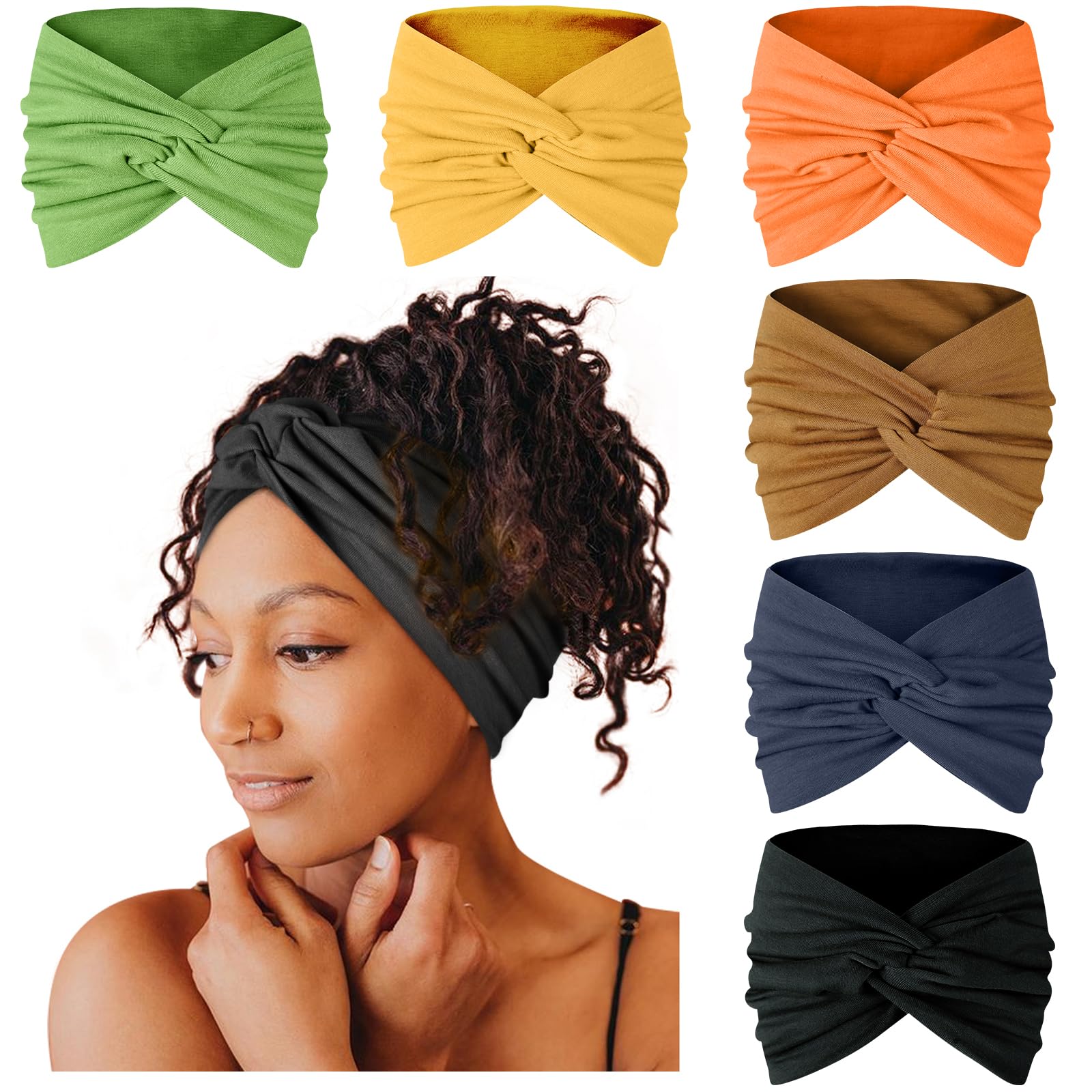 Tobeffect 7'' Extra Wide Headbands for Women, Large Thick Turban Head Wrap Headband, Boho Bandana Head Bands for Women's Hair, Non Slip Workout Yoga Hairband Hair Accessories, 6 Pack