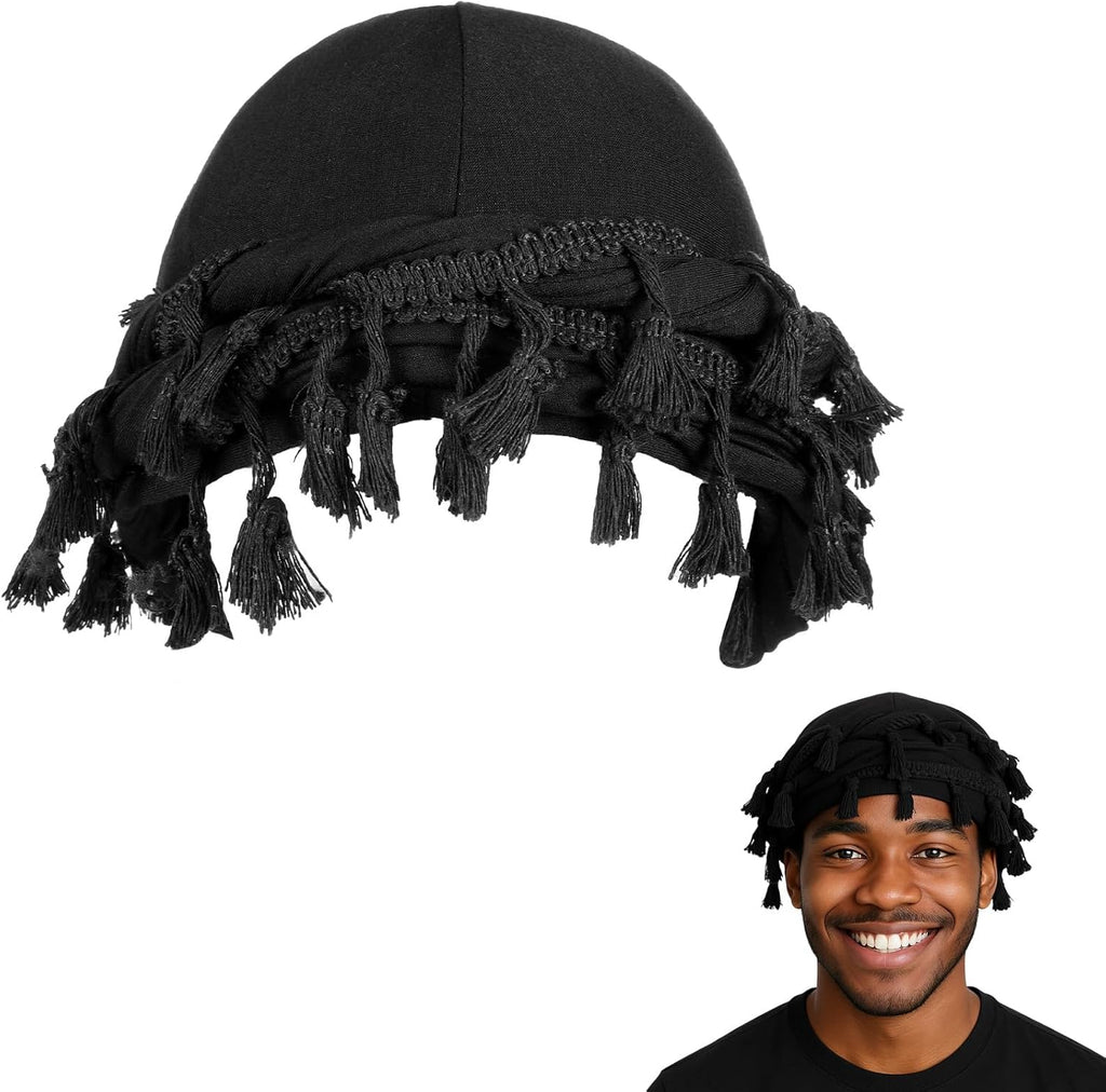 Turban for Men Satin Lined Durag Head Wrap Pre-Tied Tassels Braid Beanie Vintage Twist Bonnet with Tassel Satin Lined Halo Turban Sleep Cap Black