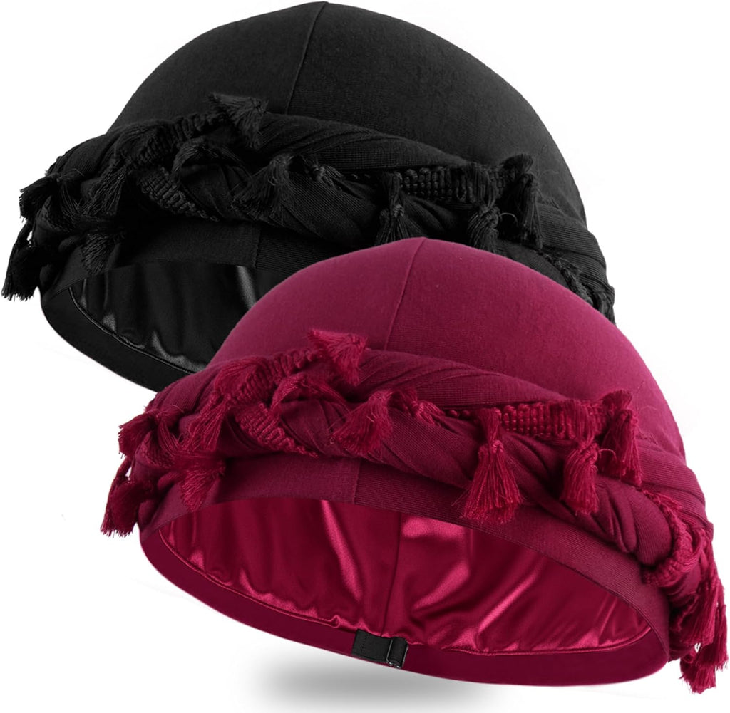 Ababalaya Adjustable Satin Lined Halo Turban Durag for Men &Women Twisted Tassel Head Wraps, Beanie Hats for Hair Losss, Black&Red, 2PCS