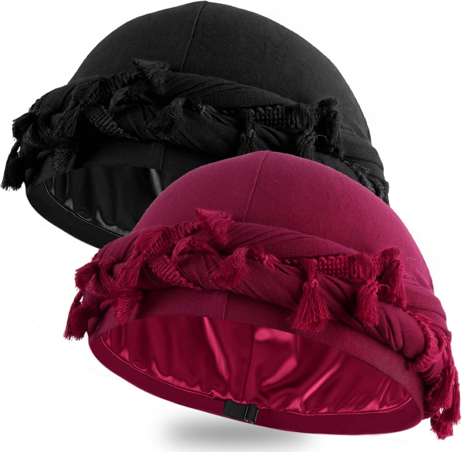 Ababalaya Adjustable Satin Lined Halo Turban Durag for Men &Women Twisted Tassel Head Wraps, Beanie Hats for Hair Losss, Black&Red, 2PCS