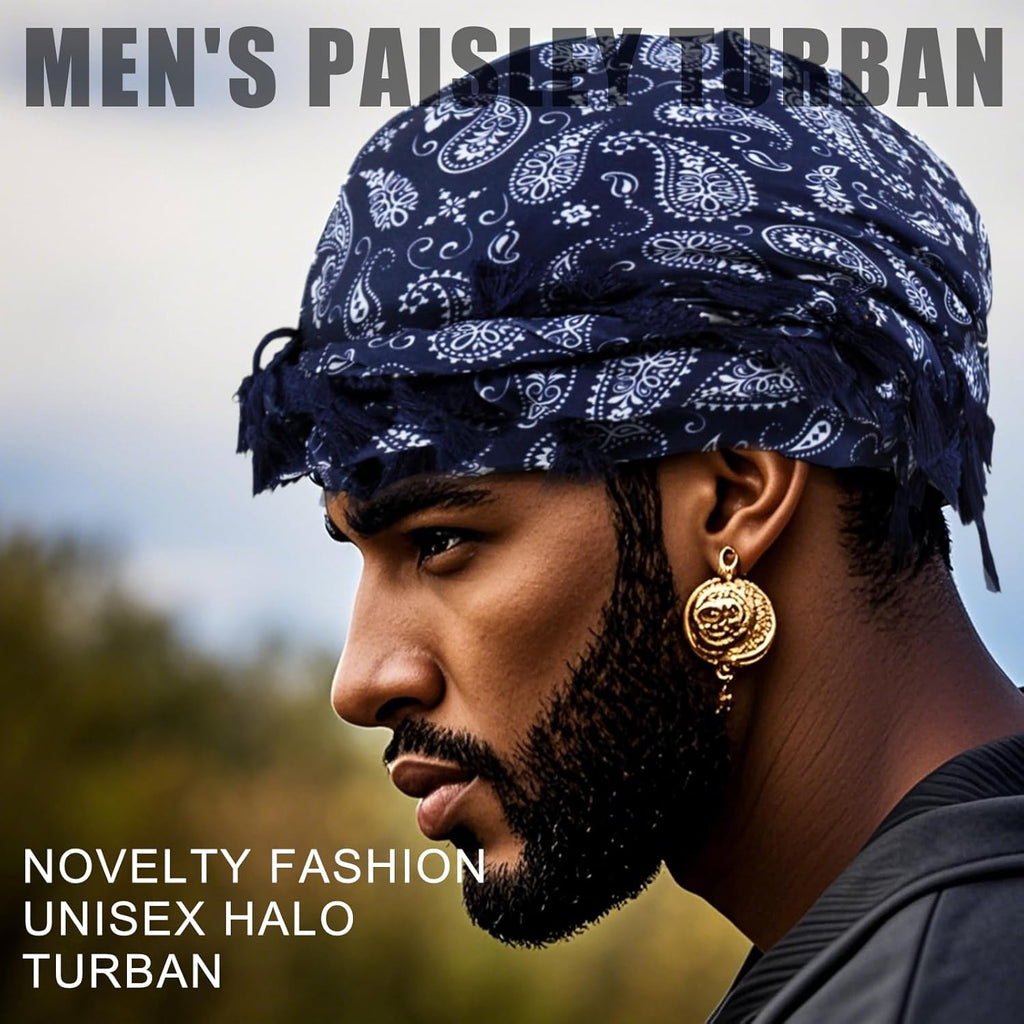 Turban for Men, Paisley Turban Durags with Tassel, Satin Lined Head Wraps, Vintage Pre-Tied Tassels Braid Bonnet Durag