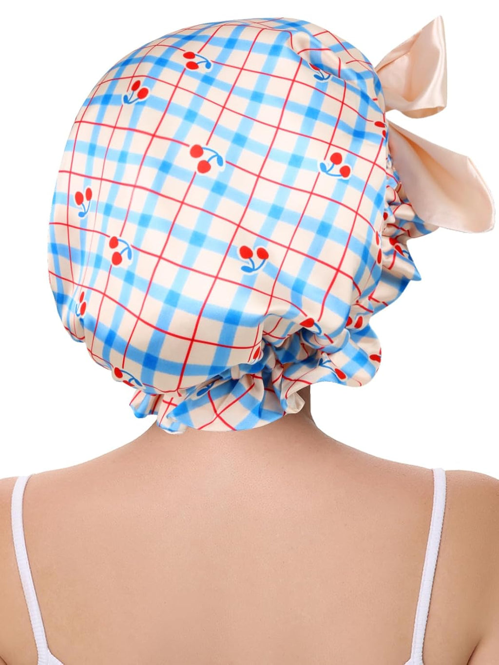 Cute Adjustable Silk Bonnet for Sleeping Double Layer Satin Cap Hair Sleep Bonnet for Curly Hair Cherry Blue