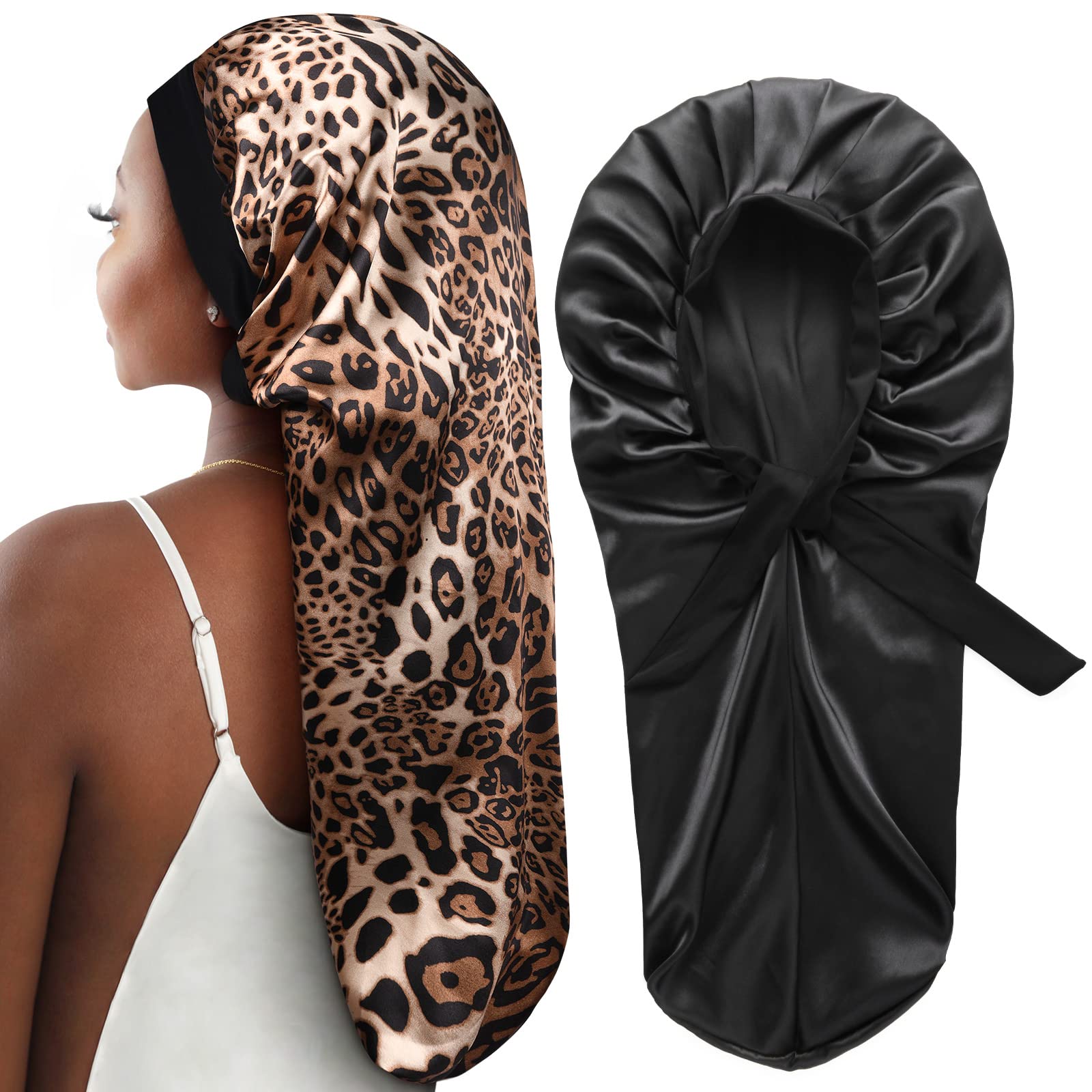 YANIBEST Satin Sleep Bonnet for Natural Hair - Extra Double Layer Long Adjustable Silk Hair Bonnet for Braids, Locs, Curls - Women’s Night Hair Protection Cap