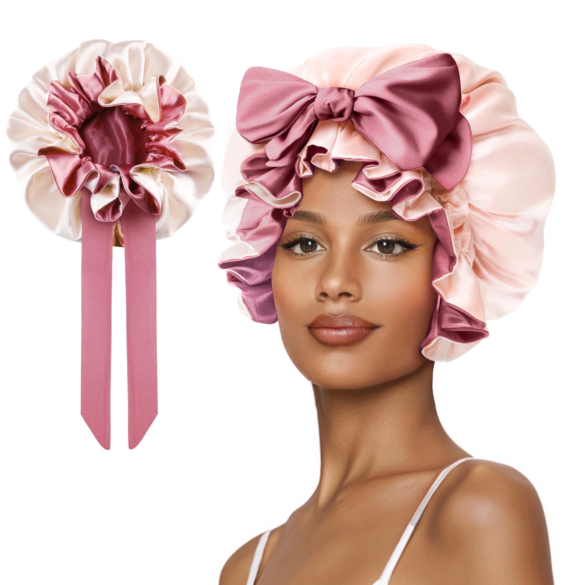Cute Adjustable Silk Bonnet for Sleeping Double Layer Satin Cap Hair Sleep Bonnet for Curly Hair Cherry Blue