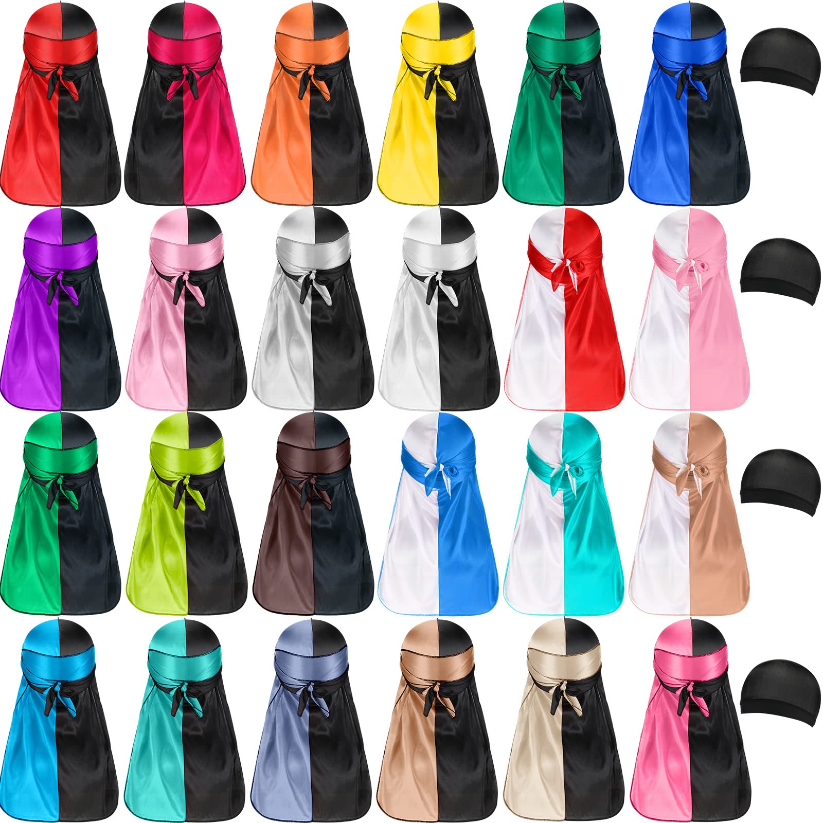 Boyiee 28 Pcs Silky Durags Set Includes 24 Satin Durag for Men Women Long Tail Headwraps with 4 Elastic Wave Cap