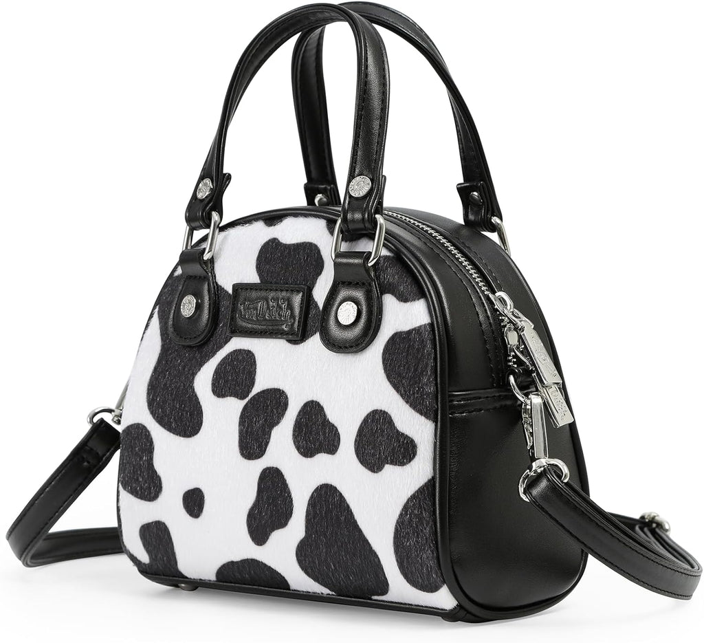 Von Dutch Mini Bowling Bag Cow Print | 6.8” Vegan Leather Crossbody with Logo Hardware, Top Handles & Zipper Pouch