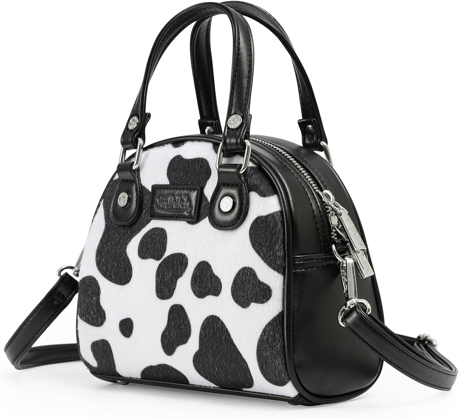 Von Dutch Mini Bowling Bag Cow Print | 6.8” Vegan Leather Crossbody with Logo Hardware, Top Handles & Zipper Pouch