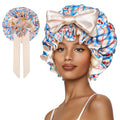 Cute Adjustable Silk Bonnet for Sleeping Double Layer Satin Cap Hair Sleep Bonnet for Curly Hair Cherry Blue