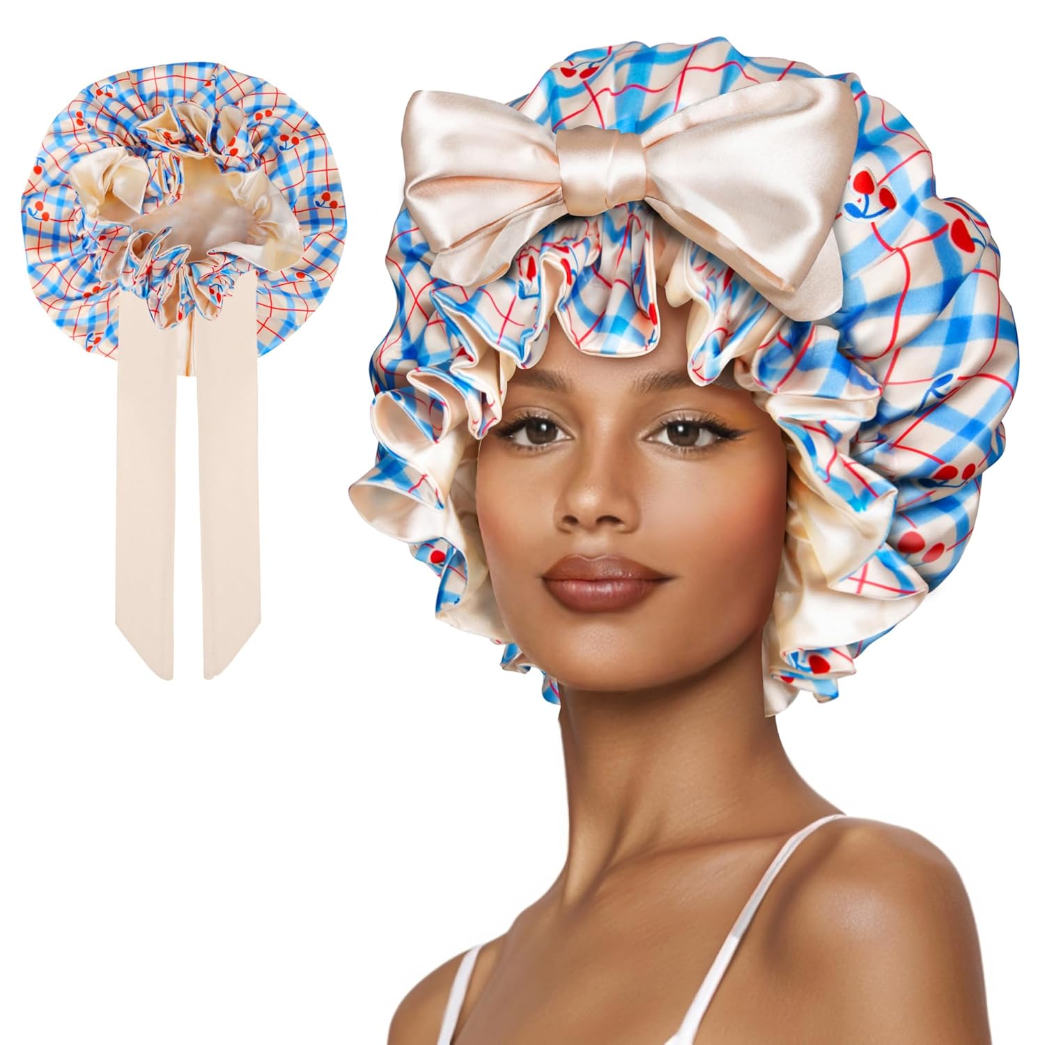 Cute Adjustable Silk Bonnet for Sleeping Double Layer Satin Cap Hair Sleep Bonnet for Curly Hair Cherry Blue
