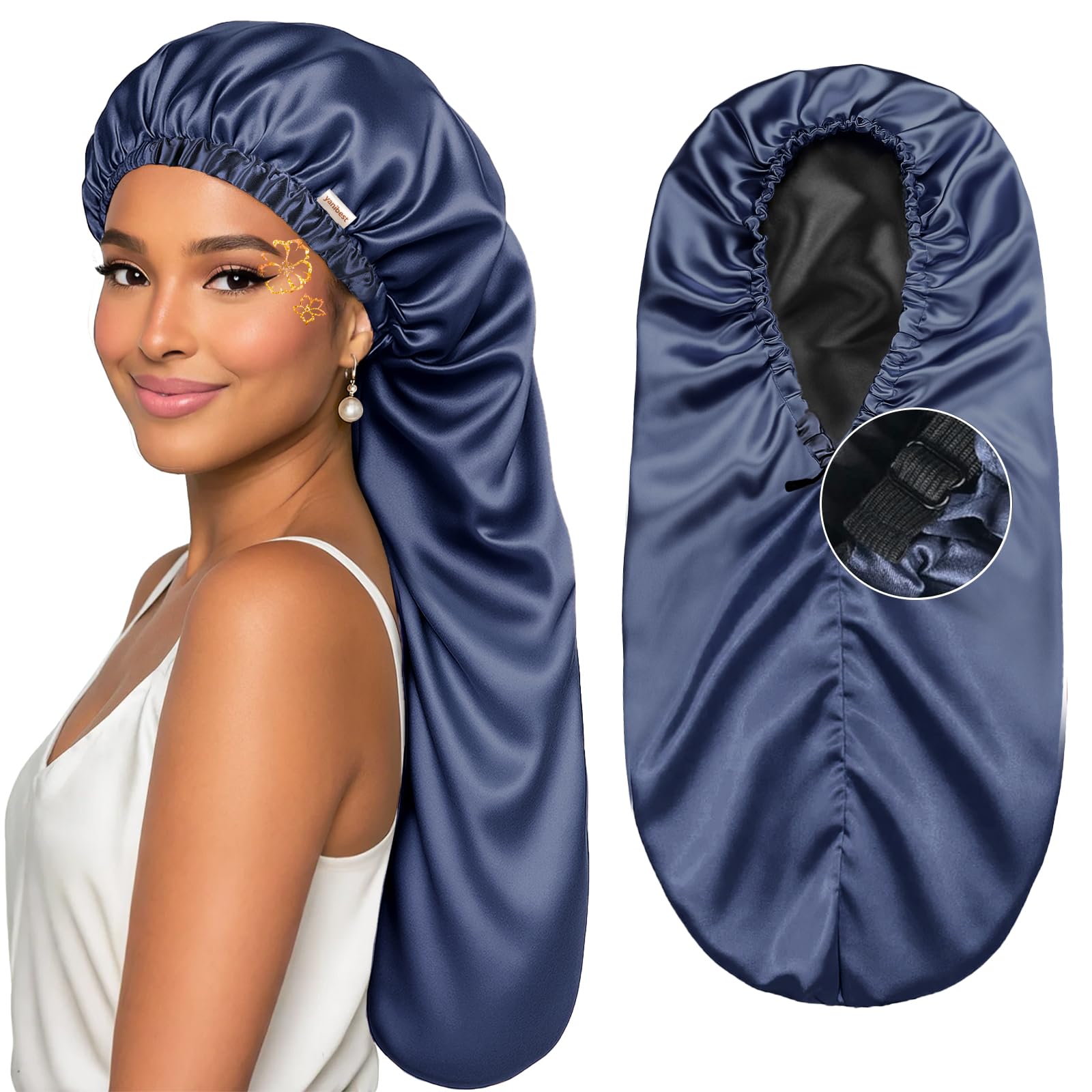 YANIBEST Satin Sleep Bonnet for Natural Hair - Extra Double Layer Long Adjustable Silk Hair Bonnet for Braids, Locs, Curls - Women’s Night Hair Protection Cap