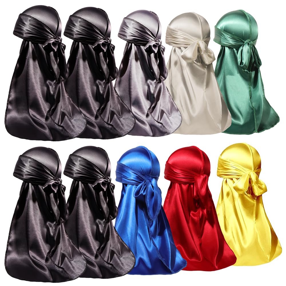 ForceWave 10 Pieces Silky Durags Long Tail for Women Men Satin Durag 360 Wave，Dorag, 10 Pieces