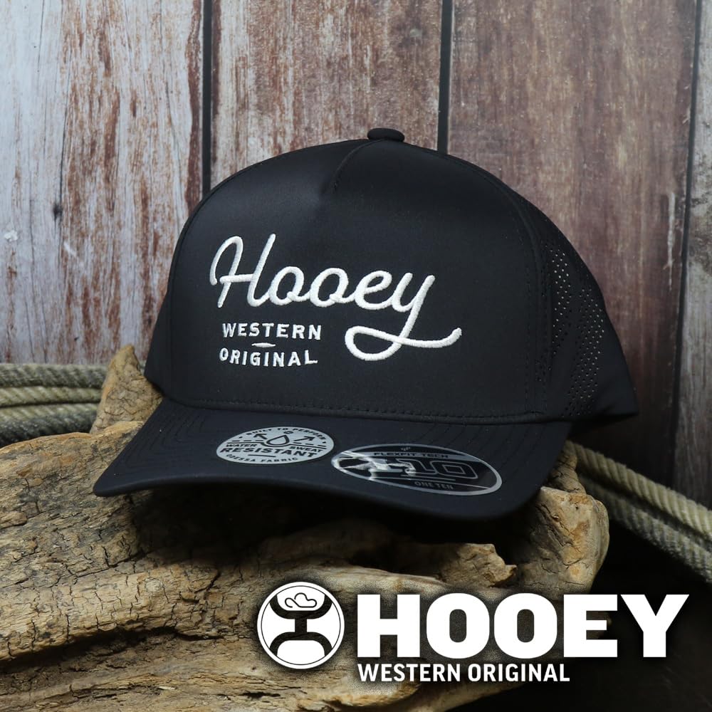 HOOEY OG Adjustable Snapback Hat - Trucker Hat for Men & Women with Mesh Back, 5 Panel Baseball Cap w/Rope Detail, Western OG Logo Ball Cap, Breathable Snap Back, One Size Fits All, Black/White