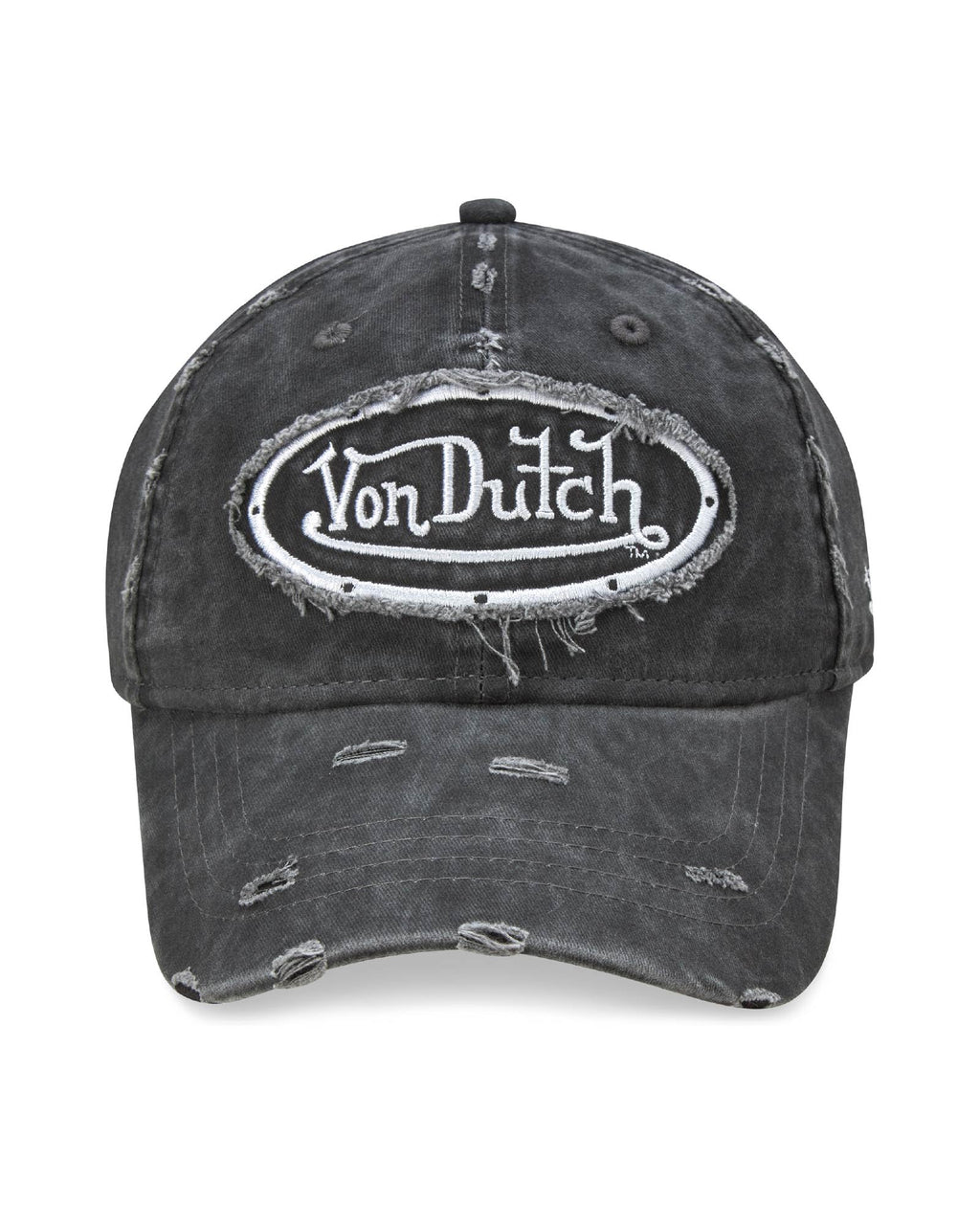 Von Dutch Men & Womens Baseball Caps - Breathable Adjustable Snapback Soft Cotton Canvas Curved Brim Vintage Hat, Size One Size, Black Distressed with Patched