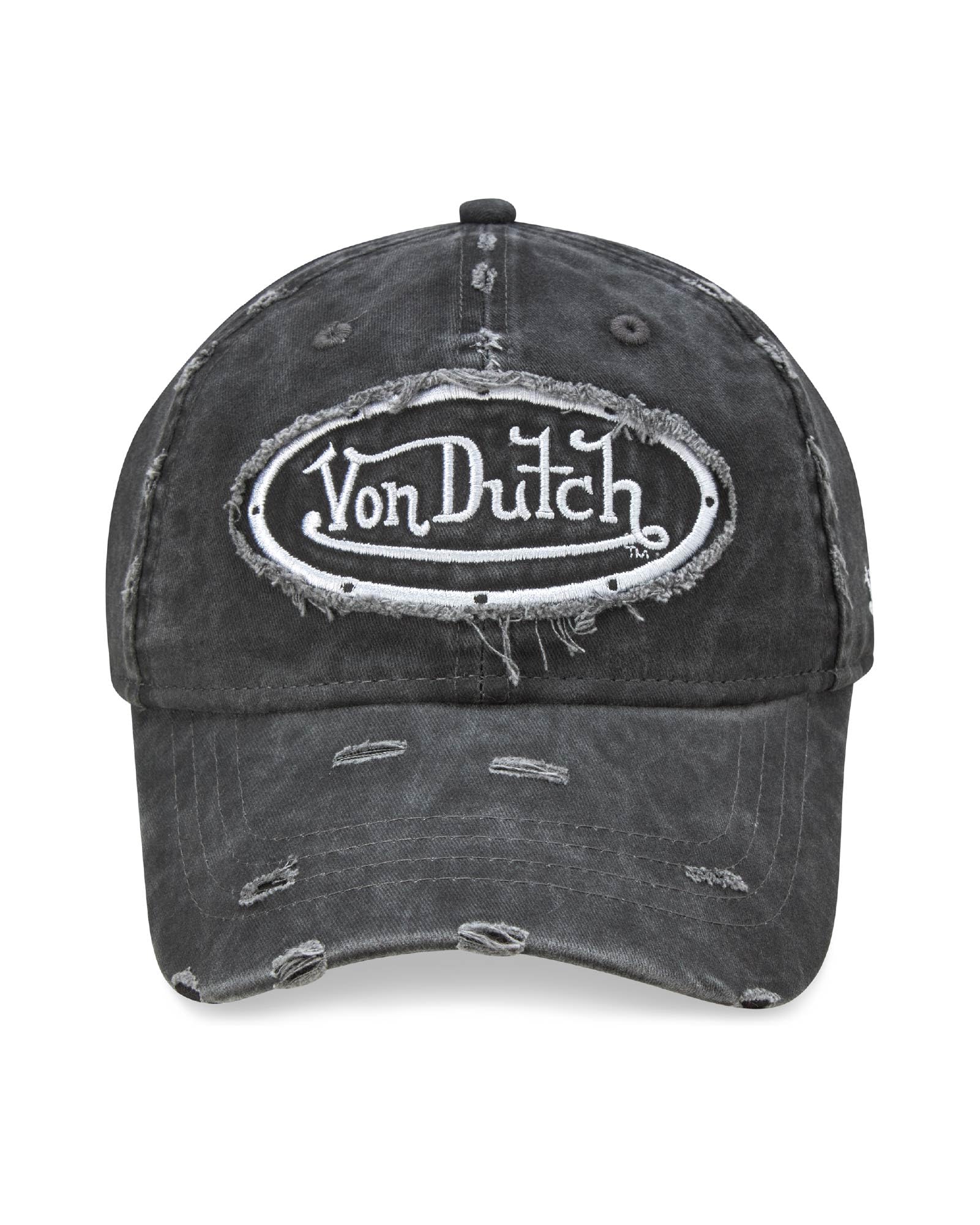 Von Dutch Men & Womens Baseball Caps - Breathable Adjustable Snapback Soft Cotton Canvas Curved Brim Vintage Hat, Size One Size, Black Distressed with Patched