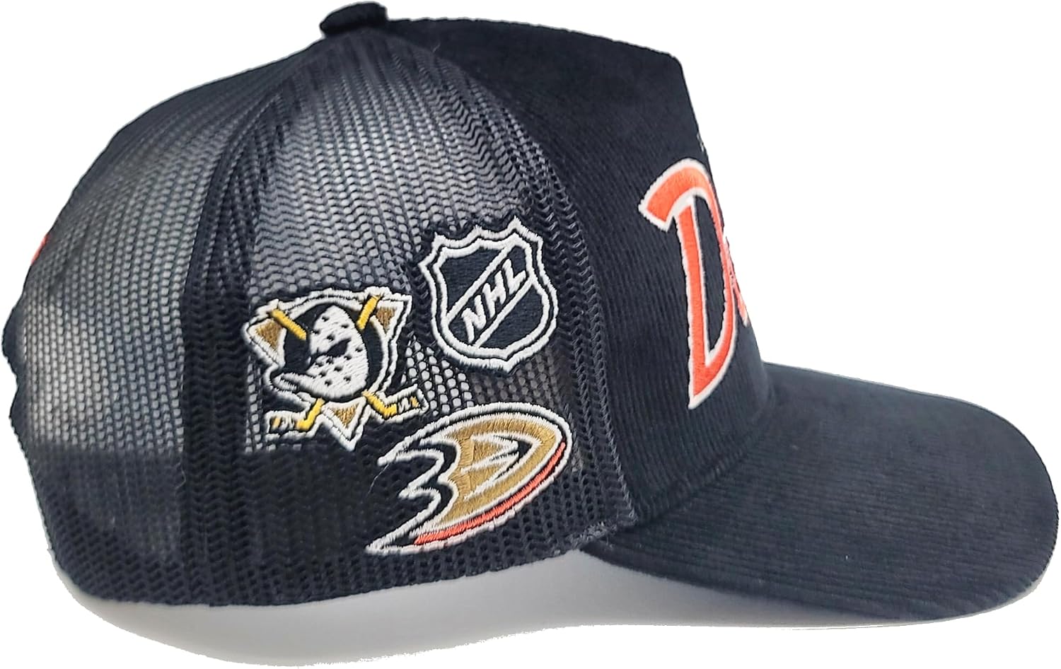 Mitchell & Ness Anaheim Ducks New NHL Retro Script Times Up Trucker Mesh Black Orange Era Snapback Hat Cap