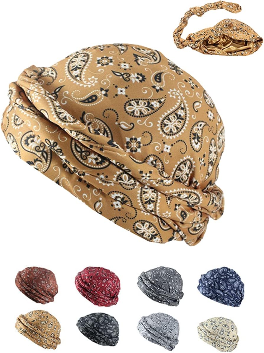 Turban for Men Women Halo Turban Durag Paisley Satin Lined Turban for Men Head Wraps for Men Women