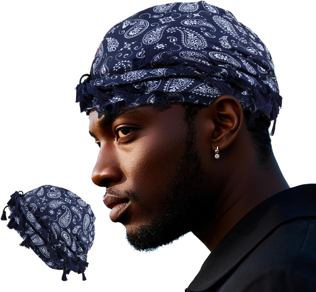 Turban for Men, Paisley Turban Durags with Tassel, Satin Lined Head Wraps, Vintage Pre-Tied Tassels Braid Bonnet Durag