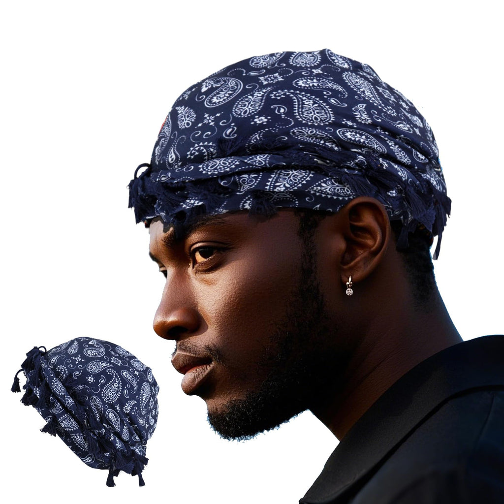 Turban for Men, Paisley Turban Durags with Tassel, Satin Lined Head Wraps, Vintage Pre-Tied Tassels Braid Bonnet Durag