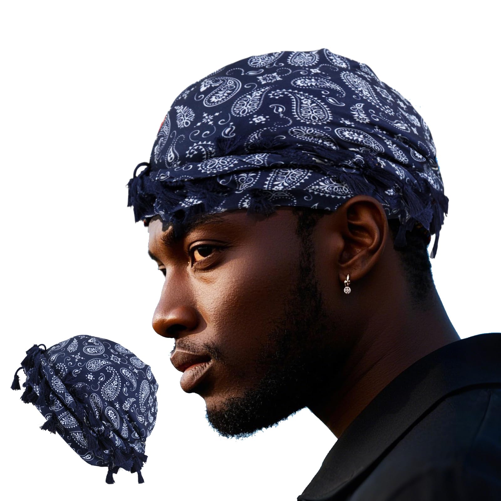 Turban for Men, Paisley Turban Durags with Tassel, Satin Lined Head Wraps, Vintage Pre-Tied Tassels Braid Bonnet Durag