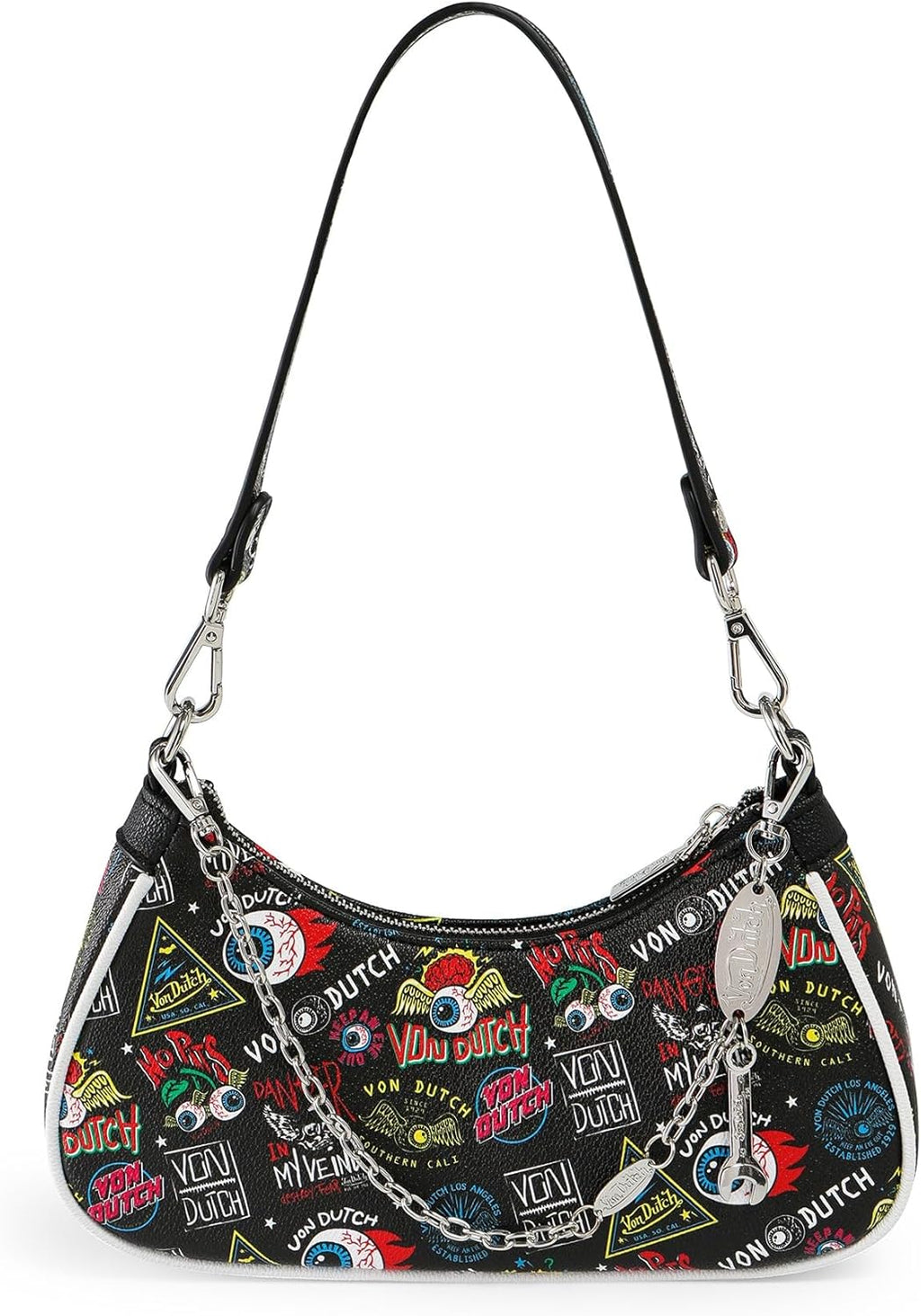 Von Dutch Purse Shoulder Bag, Women's Shoulder Handbags Logo Print and Gold or Silver Chain with Wrench Charm