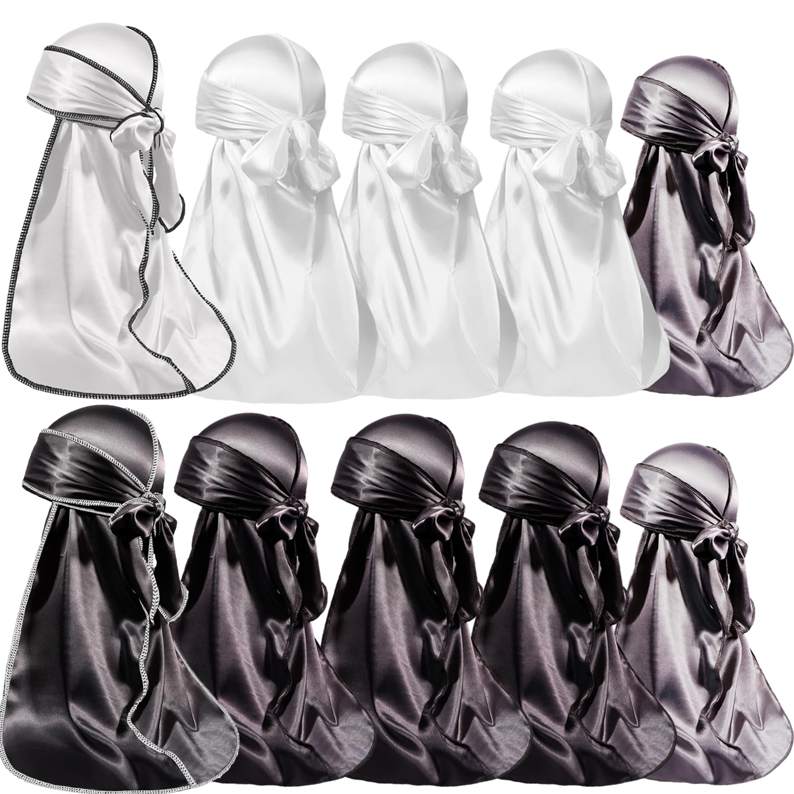 ForceWave 10 Pieces Silky Durags Long Tail for Women Men Satin Durag 360 Wave，Dorag, 10 Pieces