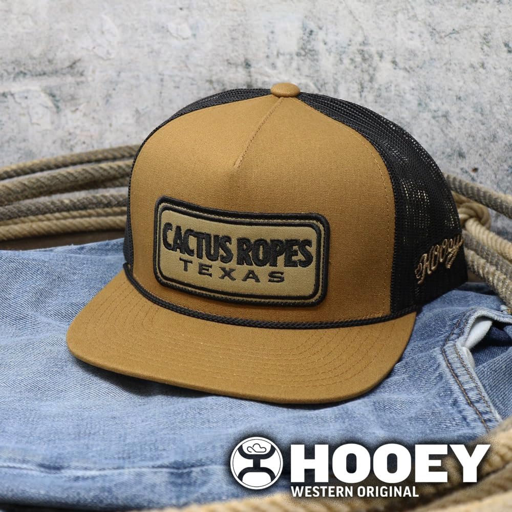 HOOEY Cactus Ropes Texas Patch Trucker Hat for Men – Adjustable Snapback Mesh Baseball Cap - Breathable Mesh - Western Trucker Hat for Ranch, Work, & Everyday Wear - One-Size - Tan/Black