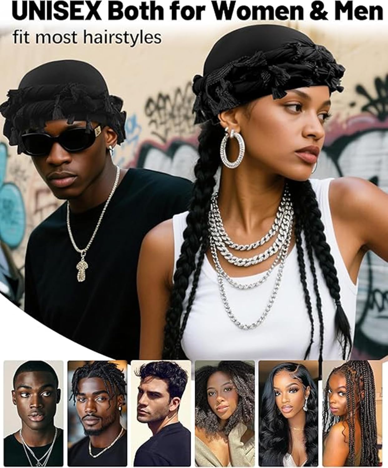 Tassel Velvet Turban for Men Women, Durag Hat Halo Cap Beanie Satin Lined Wraps Sleep Cap with Burr Trim Twisted Tail Fringe